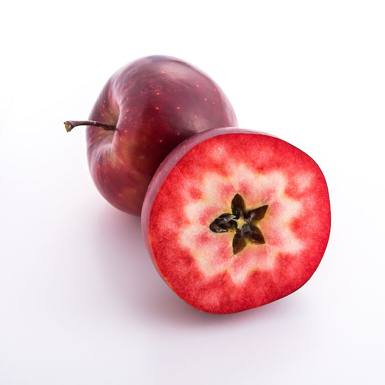 Nicht nur von außen sind die Früchte der Vampira® Obstsorten zum anbeißen rot gefärbt. Auch das Fruchtfleisch weist eine kräftige rote Farbe auf.